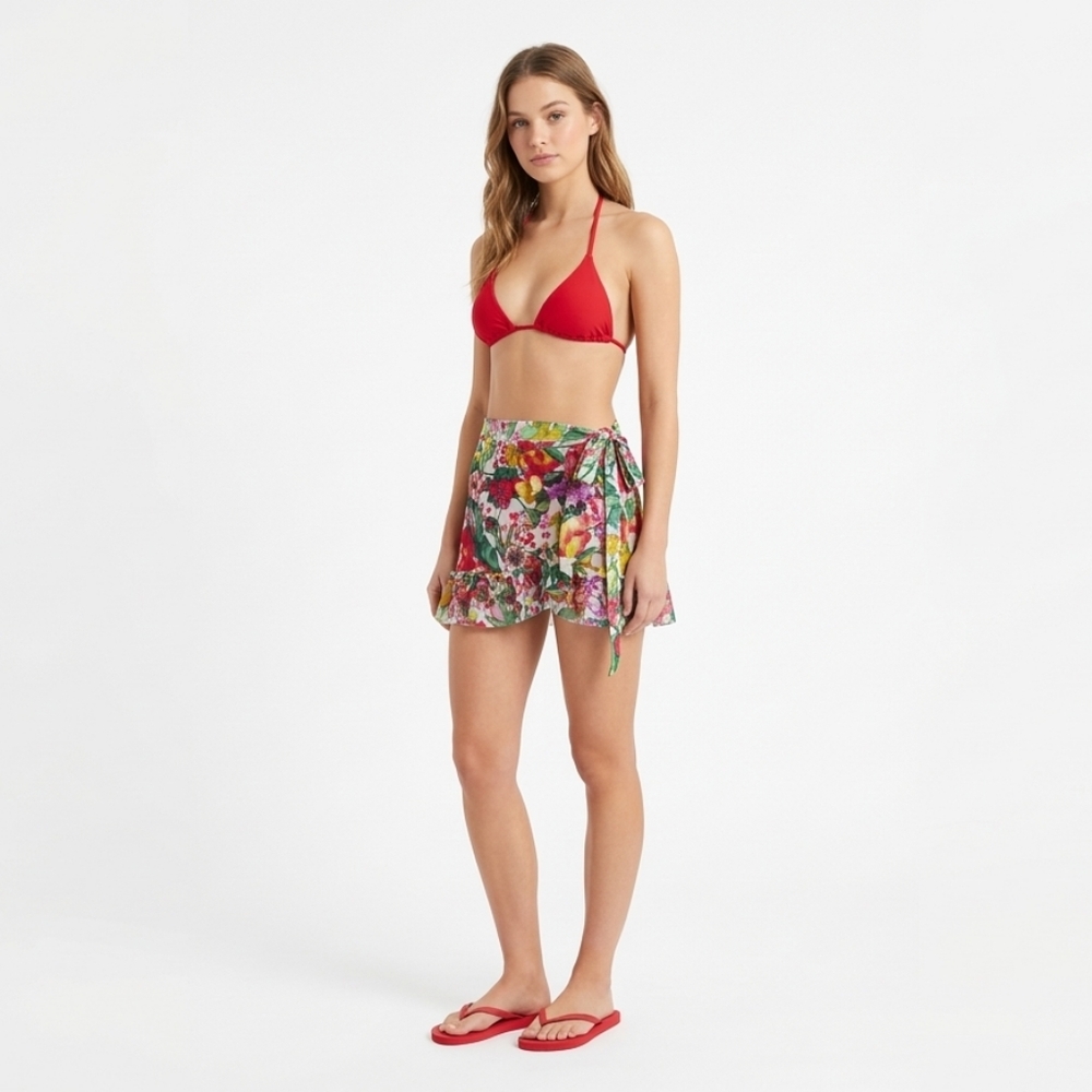 NWOT Emamò Italy Floral Mesh Ruffle Mini Wrap Skirt Swim Cover-Up